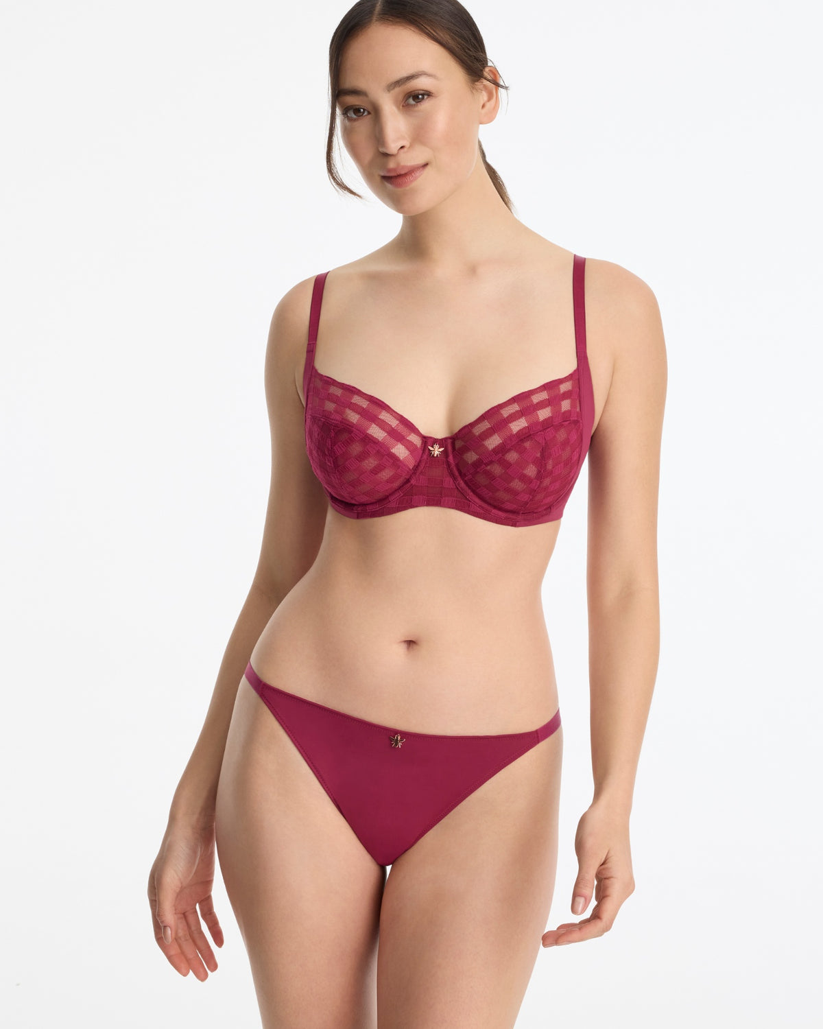 Skarlett Blue Bonbon Full Coverage Gingham Lace Bra and Bonbon Gingham Lace String Bikini in Maraschino - model front view in underwire bra and string bikini