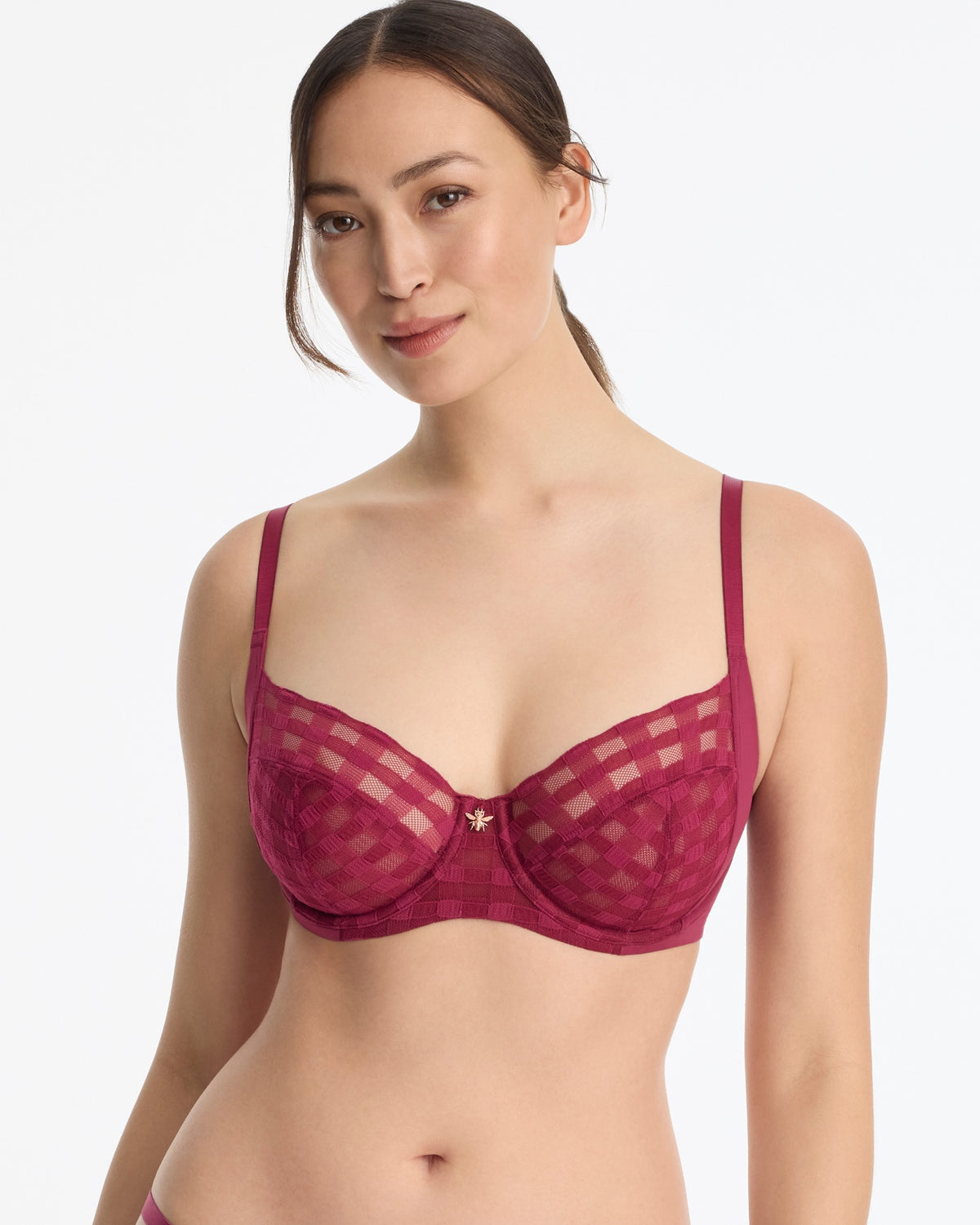 Skarlett Blue Bonbon Full Coverage Gingham Lace Bra in Maraschino - model front view in full coverage underwire bra with sheer gingham lace