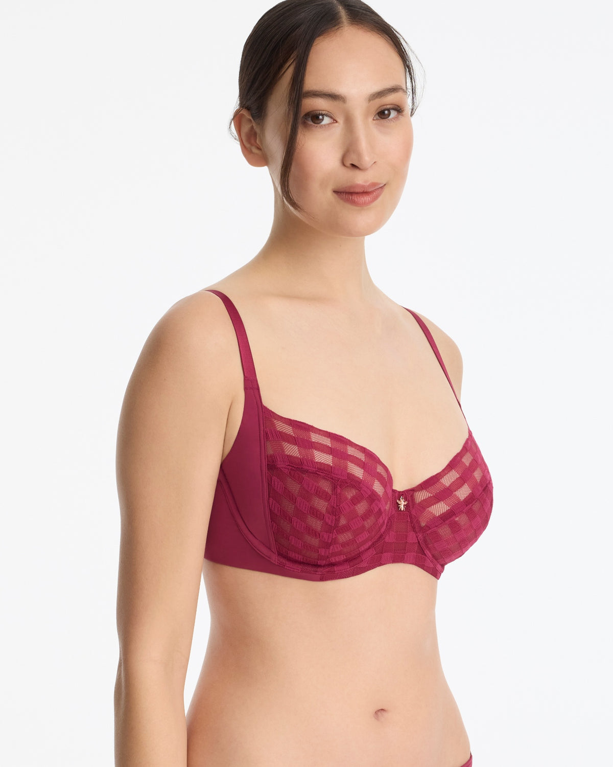 Skarlett Blue Bonbon Full Coverage Gingham Lace Bra in Maraschino - model three-quarter view in full coverage underwire bra with gingham lace