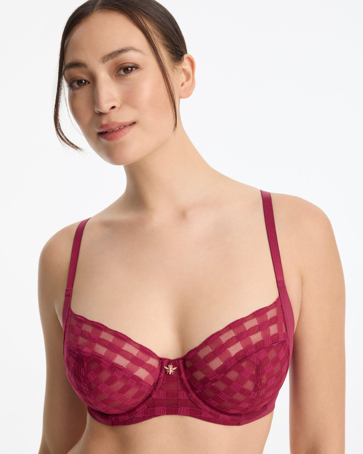 Skarlett Blue Bonbon Full Coverage Gingham Lace Bra in Maraschino - model close-up front view in full coverage underwire bra with sheer gingham lace