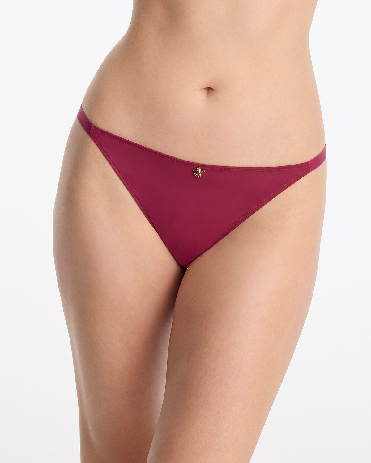 Skarlett Blue Bonbon Gingham Lace String Bikini in Maraschino - model front view in string bikini underwear with matte jersey and bee charm