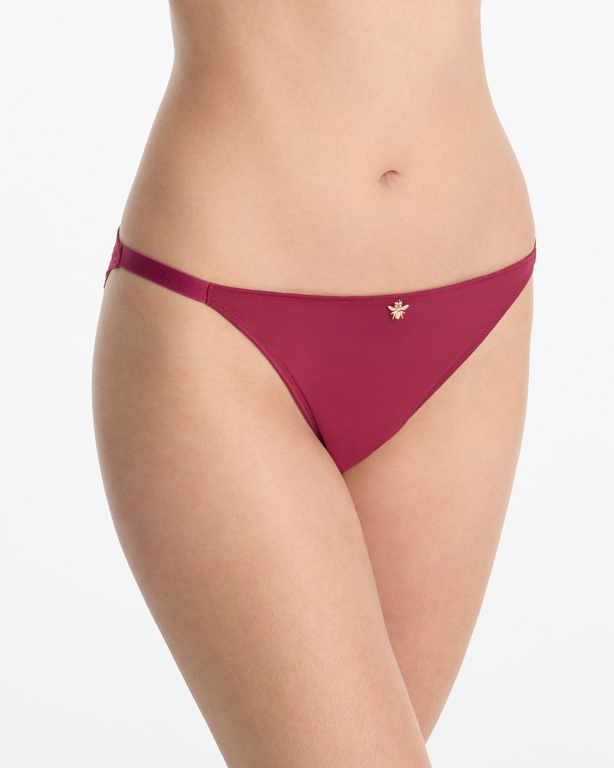 Skarlett Blue Bonbon Gingham Lace String Bikini in Maraschino - model close-up front view in string bikini underwear with matte jersey front