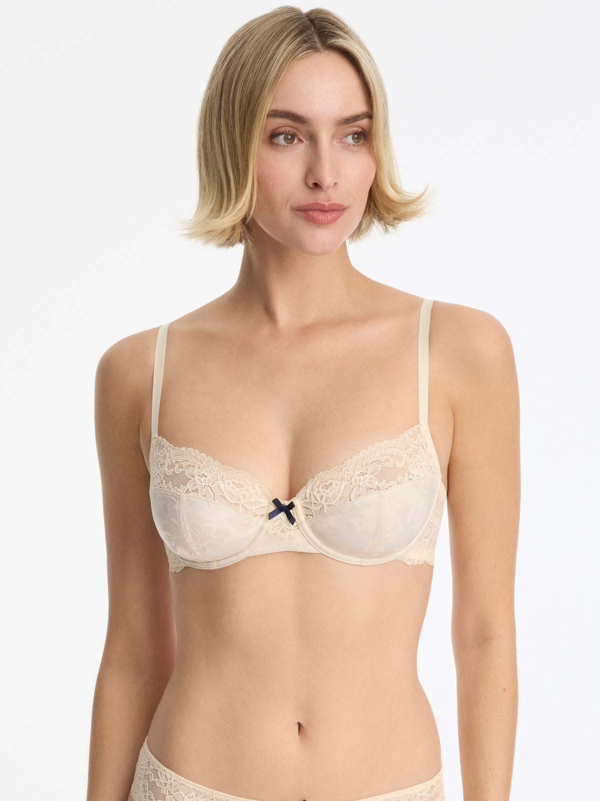 Skarlett Blue Captivate Satin & Lace Balconette Underwire Bra in Candlelight - front view close-up of underwire balconette bra with satin jacquard cups and floral lace