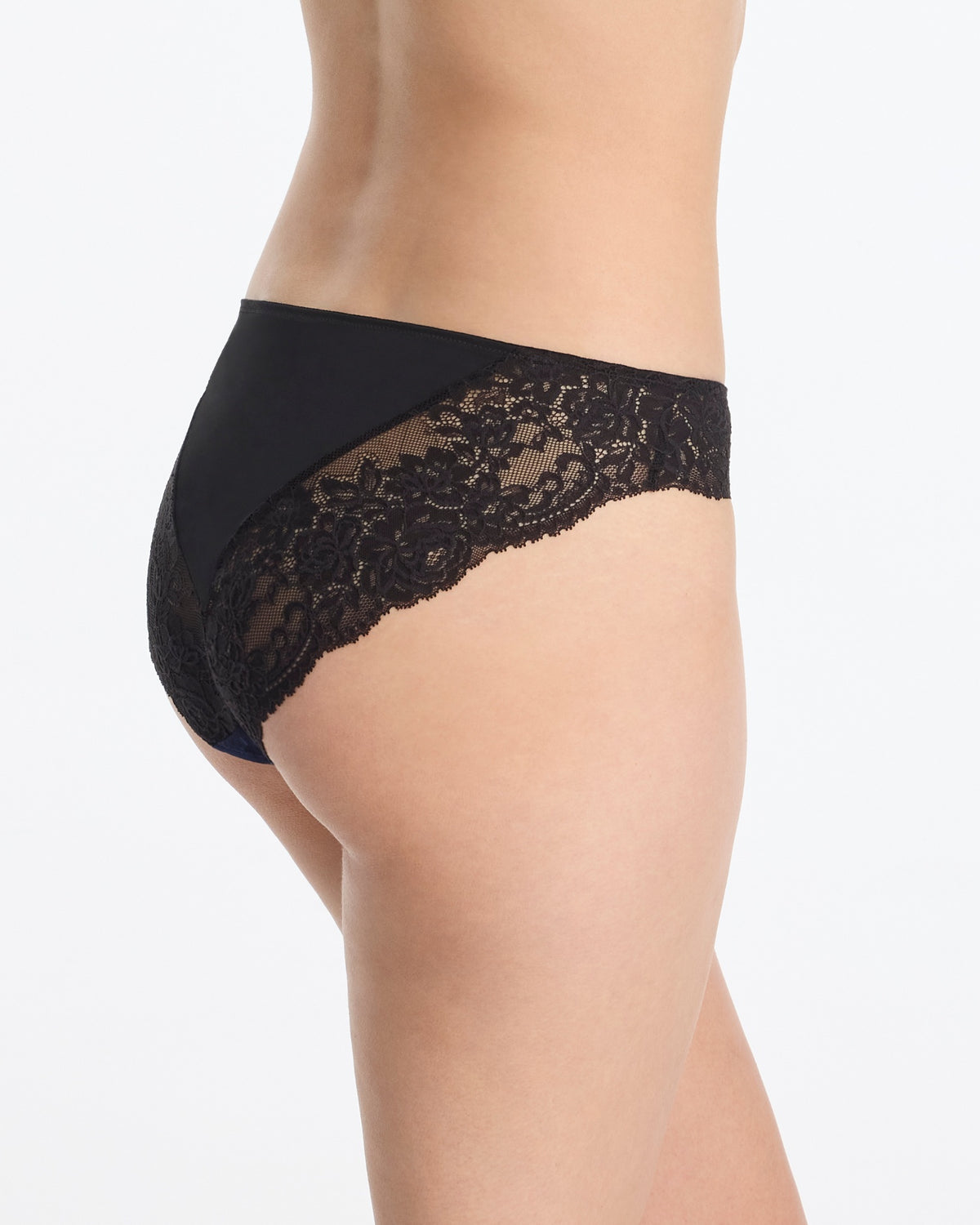 Skarlett Blue Captivate Satin & Lace Bikini in Midnight/Black - model back three-quarter view in bikini underwear with floral lace and satin