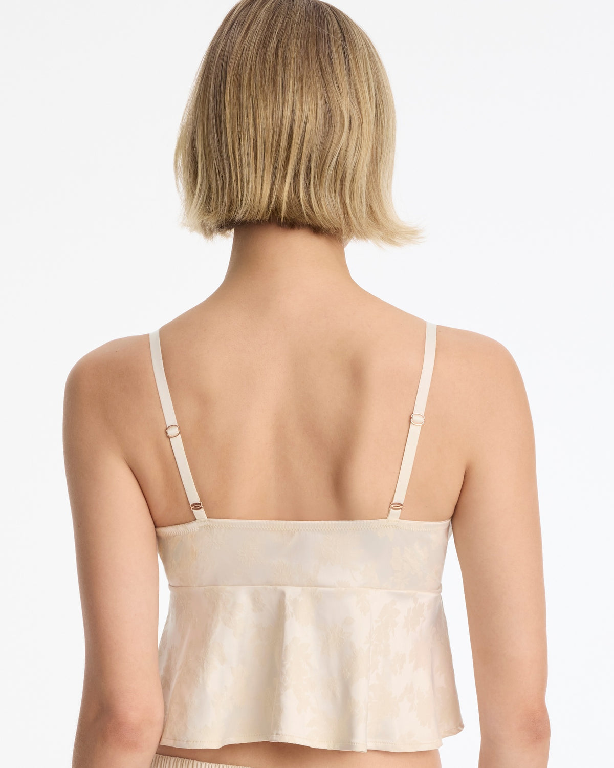Skarlett Blue Captivate Satin & Lace Flutter Cami in Candlelight - model back view in satin jacquard cami with adjustable straps