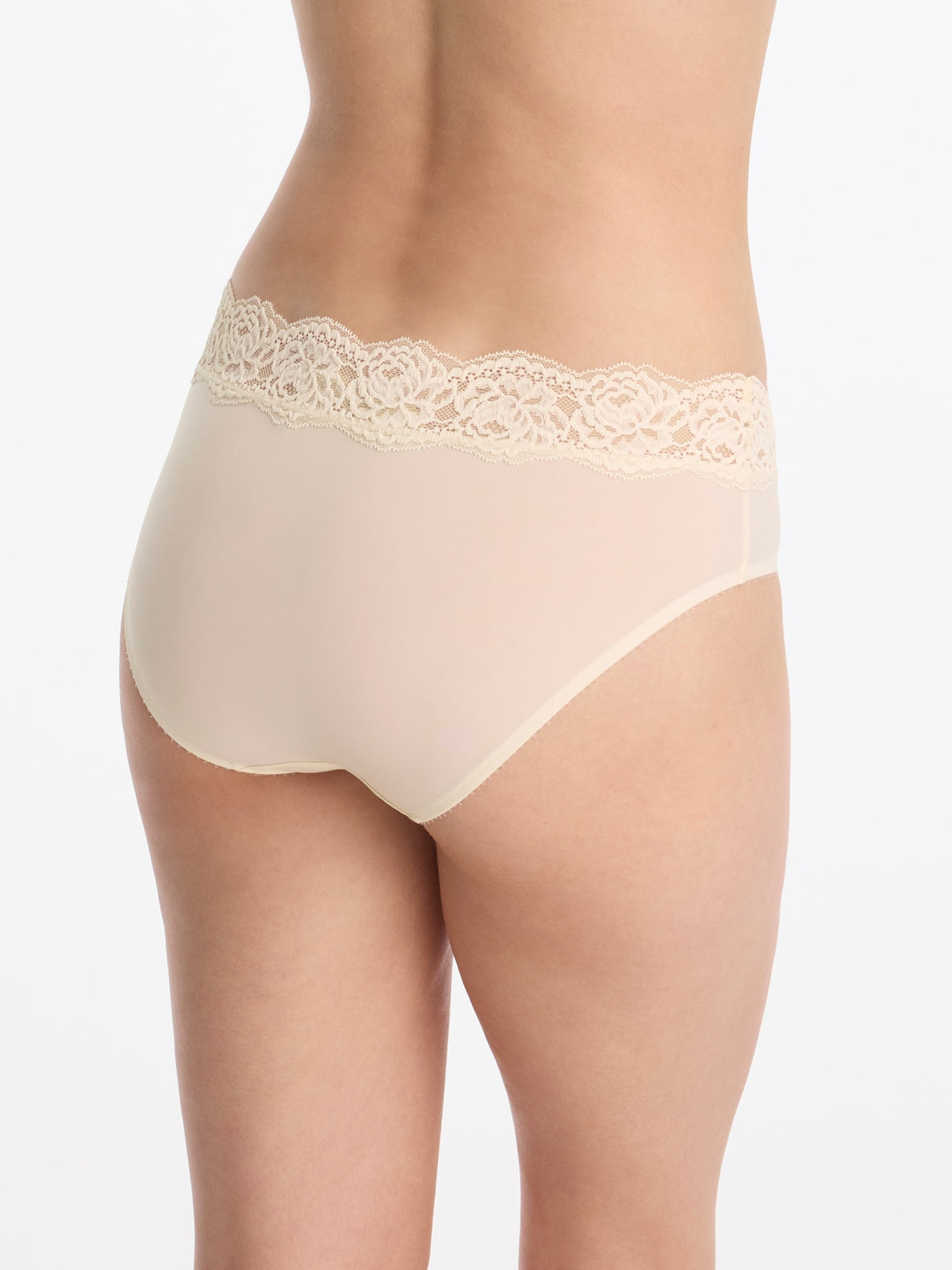 Skarlett Blue Divine Lace Trim Hipster in Candlelight - model back view in mid-rise hipster underwear with floral lace waistband