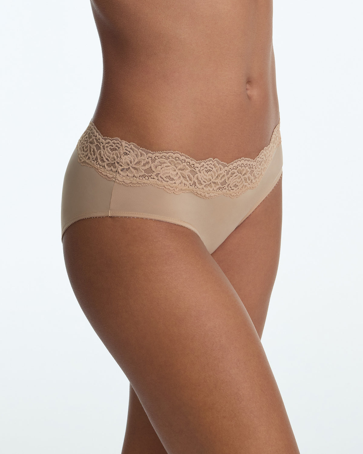 Skarlett Blue Divine Lace Trim Hipster in Nylon - model three-quarter close-up in mid-rise hipster panty with floral lace waistband