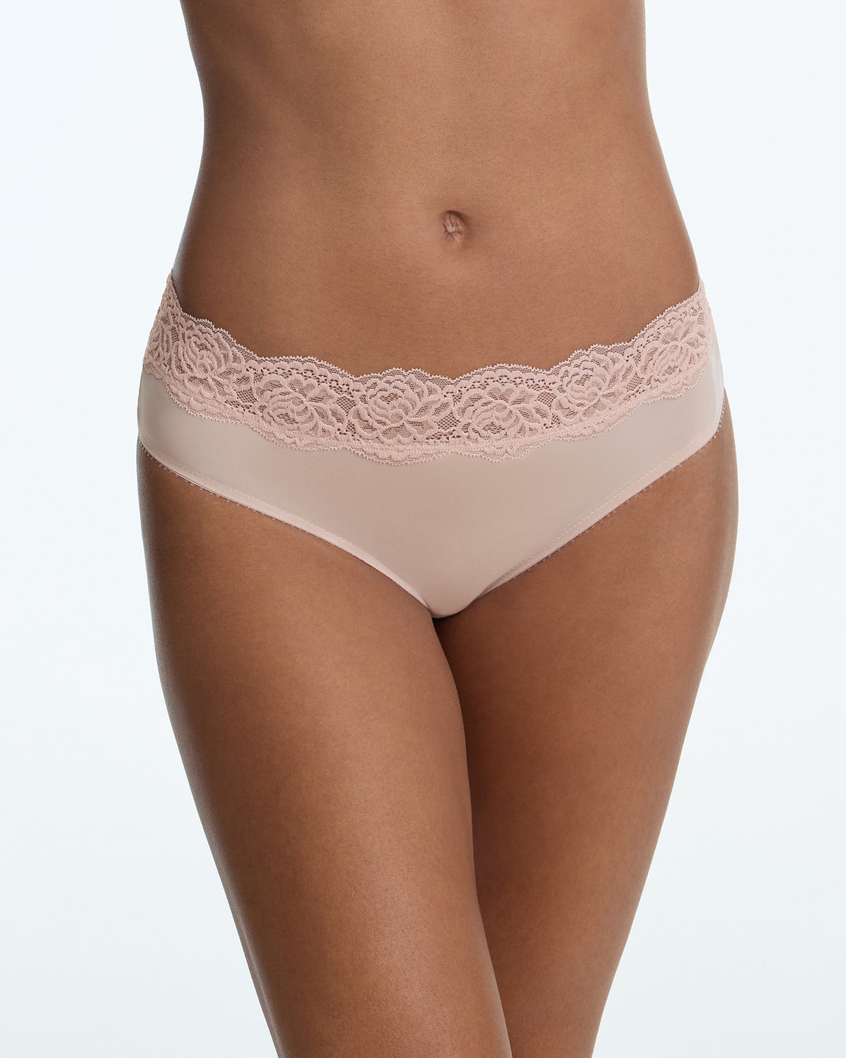Skarlett Blue Divine Lace Trim Hipster in Romance - model front view in mid-rise hipster panty with floral lace waistband