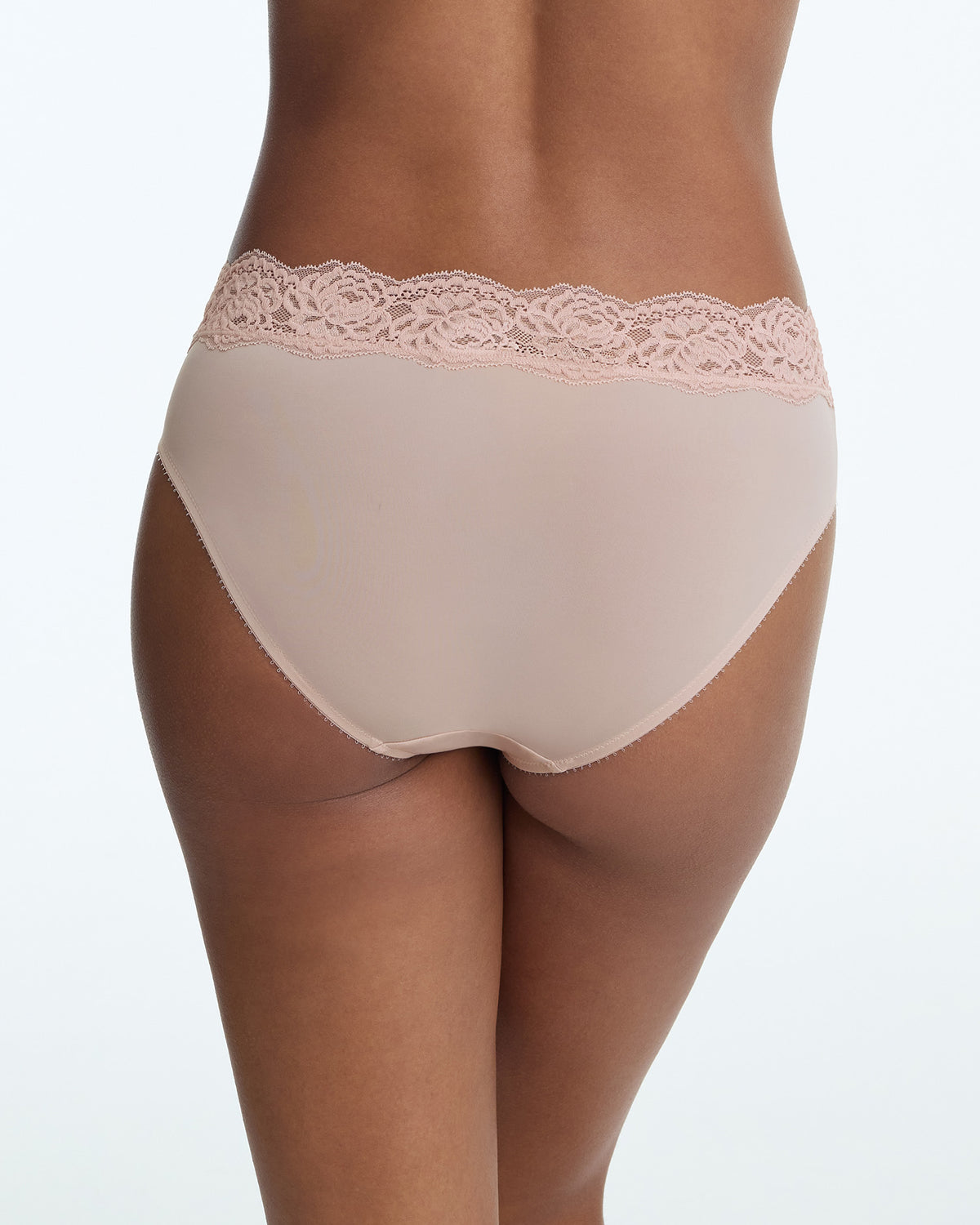 Skarlett Blue Divine Lace Trim Hipster in Romance - model back view in mid-rise hipster panty with floral lace waistband