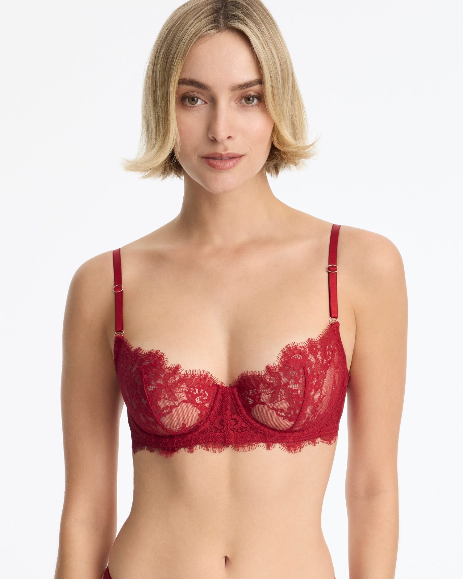 Skarlett Blue Entice Lace Balconette Bra - Model in a red lace balconette underwire bra