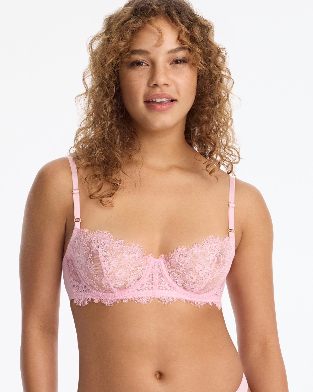Skarlett Blue Entice Lace Balconette Bra in Strawberry Cream - model front view in sheer lace underwire balconette bra with eyelash trim
