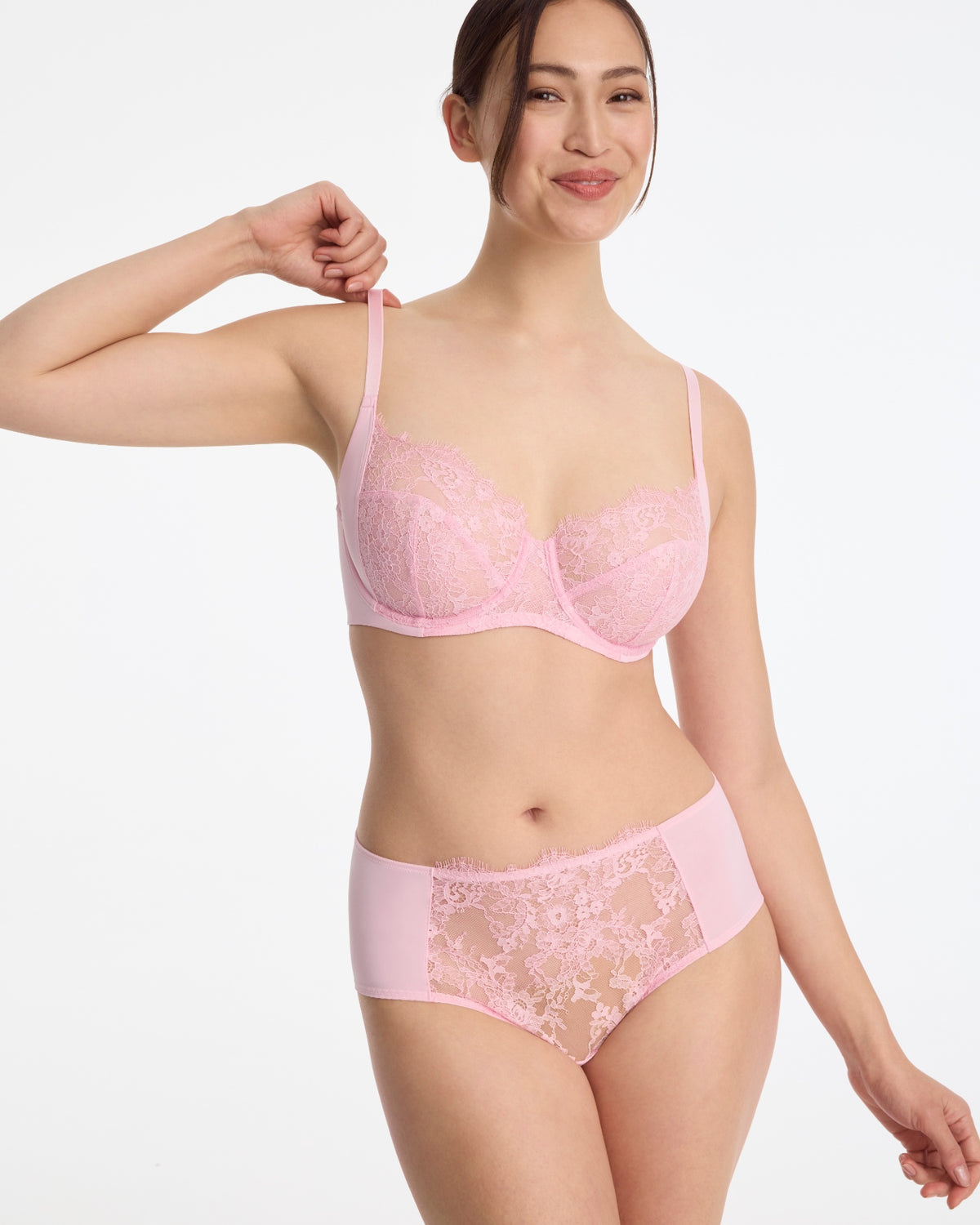 Skarlett Blue Entice Lace Full Coverage Side Support Balconette Bra and Entice Full Coverage Lace Brief in Strawberry Cream - front view of full coverage underwire balconette bra and lace brief with scalloped eyelash lace