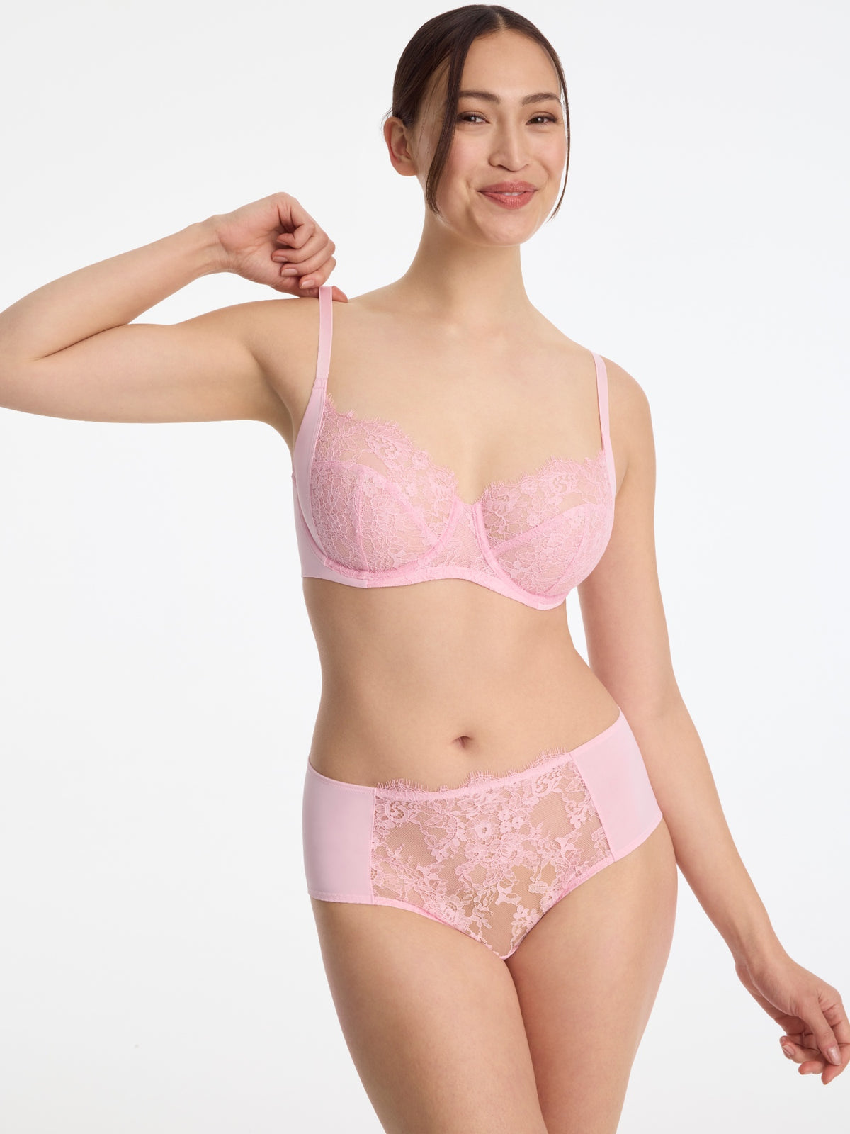 Skarlett Blue Entice Lace Full Coverage Side Support Balconette Bra and Entice Full Coverage Lace Brief in Strawberry Cream - front view of full coverage underwire balconette bra and lace brief with scalloped eyelash lace