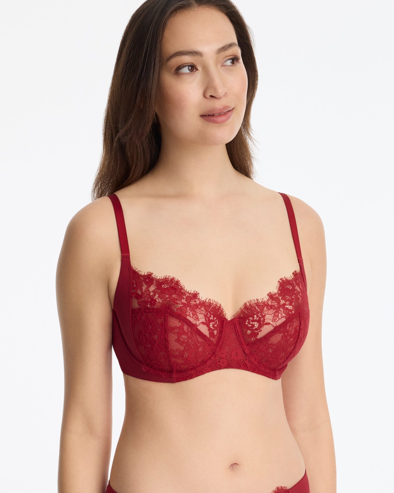 Skarlett Blue Entice Lace Full Coverage Side Support Balconette Bra - Model in a red lacy full coverage side support bra