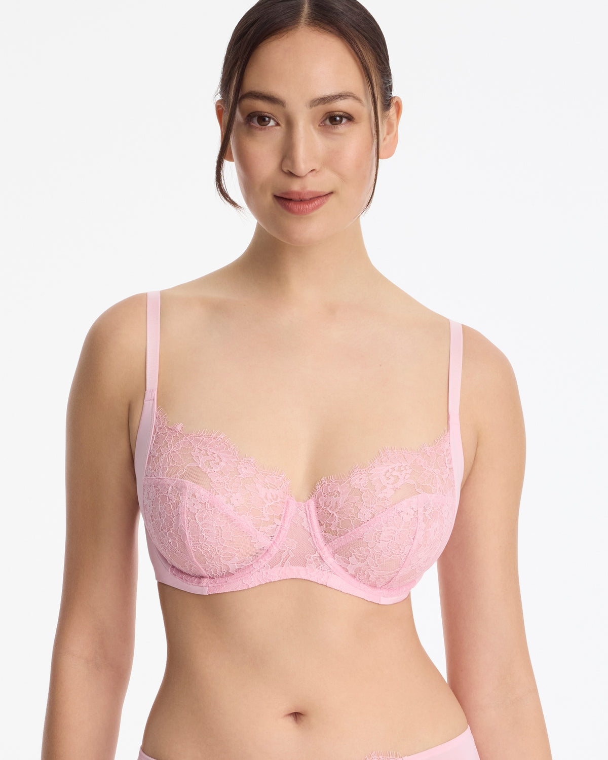 Skarlett Blue Entice Lace Full Coverage Side Support Balconette Bra in Strawberry Cream - front view, full coverage underwire balconette bra with scalloped lace cups