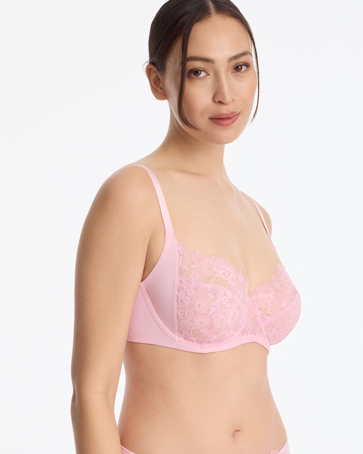 Skarlett Blue Entice Lace Full Coverage Side Support Balconette Bra in Strawberry Cream - model three-quarter view in full coverage balconette bra