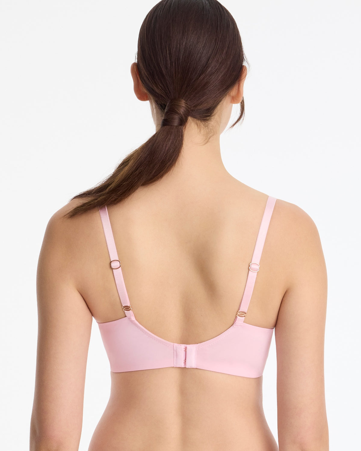 Skarlett Blue Entice Lace Full Coverage Side Support Balconette Bra in Strawberry Cream - model back view with smoothing back and adjustable straps
