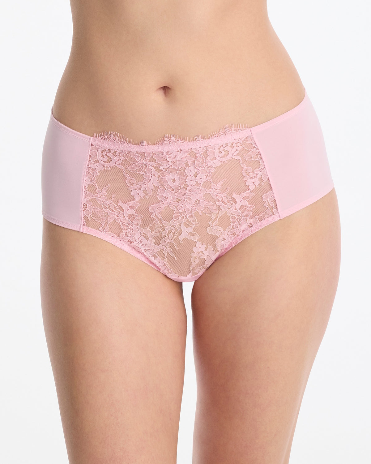 Skarlett Blue Entice Full Coverage Lace Brief in Strawberry Cream - close-up front view of full coverage brief with floral lace panel