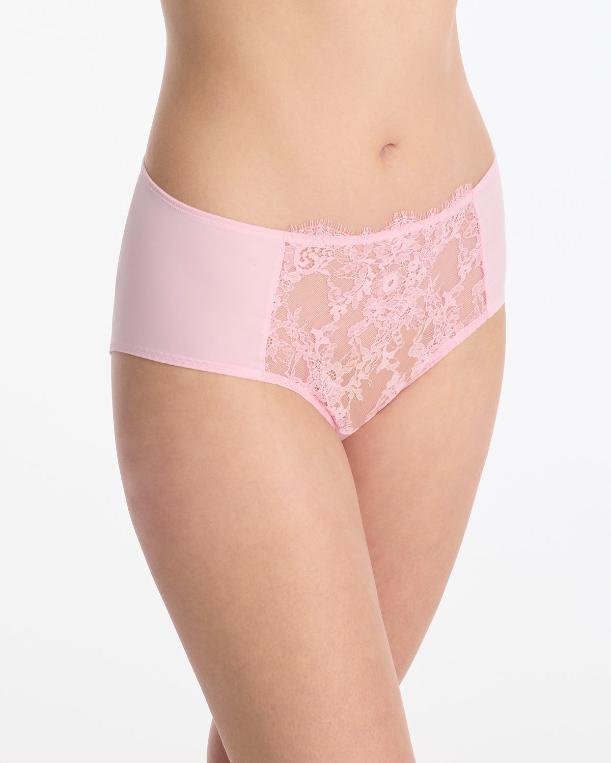 Skarlett Blue Entice Full Coverage Lace Brief in Strawberry Cream - model three-quarter view in full coverage brief with floral lace front panel