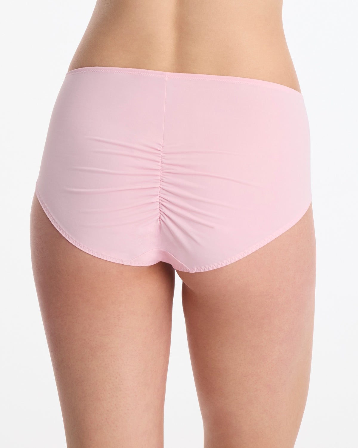 Skarlett Blue Entice Full Coverage Lace Brief in Strawberry Cream - model back view in full coverage brief with smooth back and ruched center seam