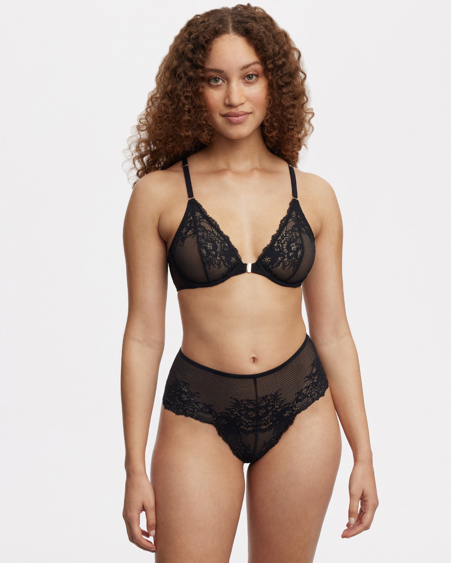 Flaunt Lace High Waist Thong and Bra- Black