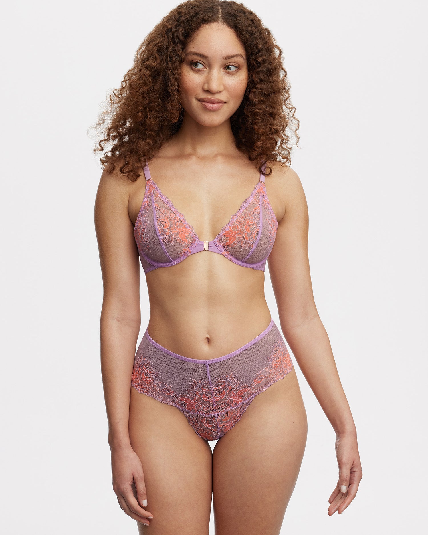 Flaunt Front Close Lace Bra and Thong Set- Purple