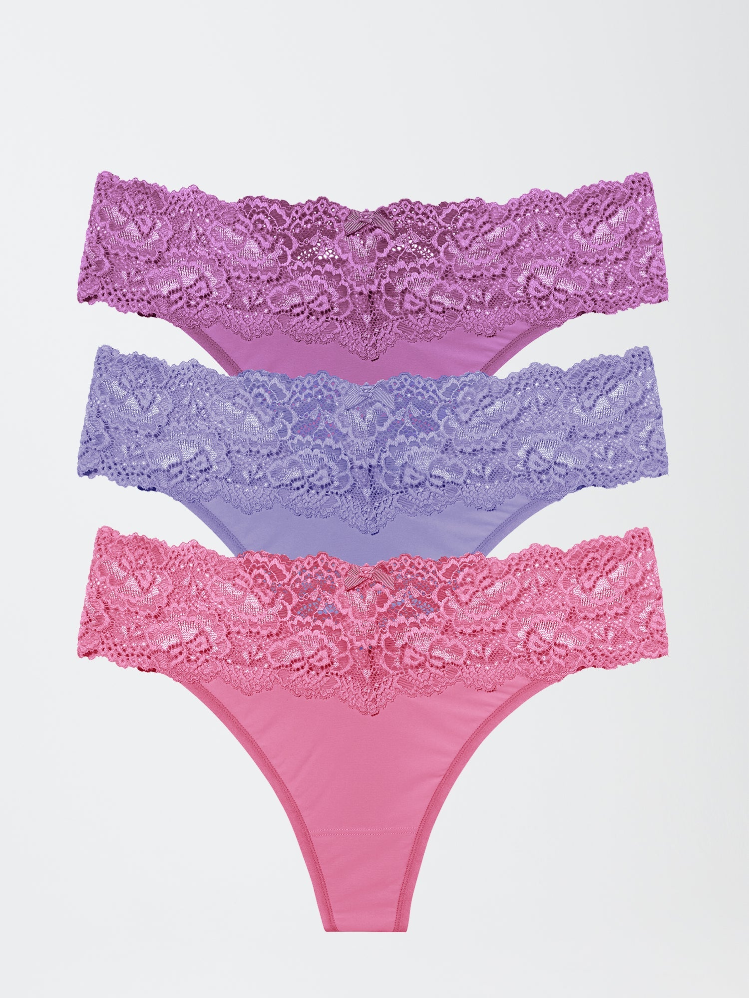 Goddess Lace Trim Thong 3 Pack - Pink Purple Blue