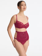Skarlett Blue Bonbon Full Coverage Gingham Lace Bra and Bonbon Gingham Lace Half Apron in Maraschino - model three-quarter view in bra and lace apron