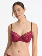 Skarlett Blue Bonbon Full Coverage Gingham Lace Bra in Maraschino - model front view in full coverage underwire bra with sheer gingham lace