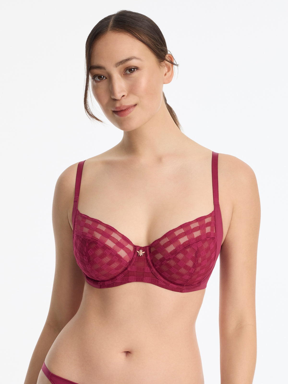 Skarlett Blue Bonbon Full Coverage Gingham Lace Bra in Maraschino - model front view in full coverage underwire bra with sheer gingham lace