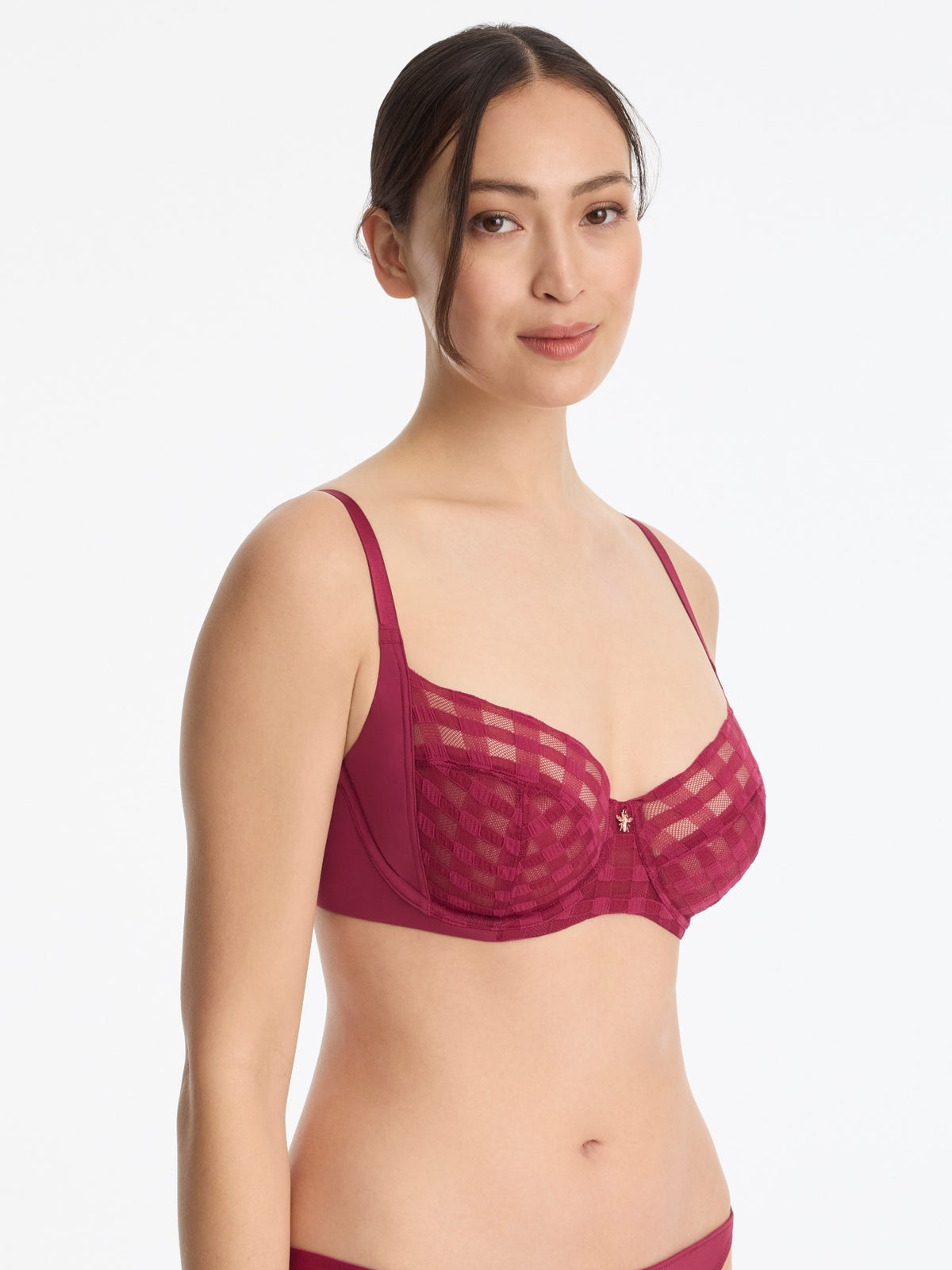 Skarlett Blue Bonbon Full Coverage Gingham Lace Bra in Maraschino - model three-quarter view in full coverage underwire bra with gingham lace