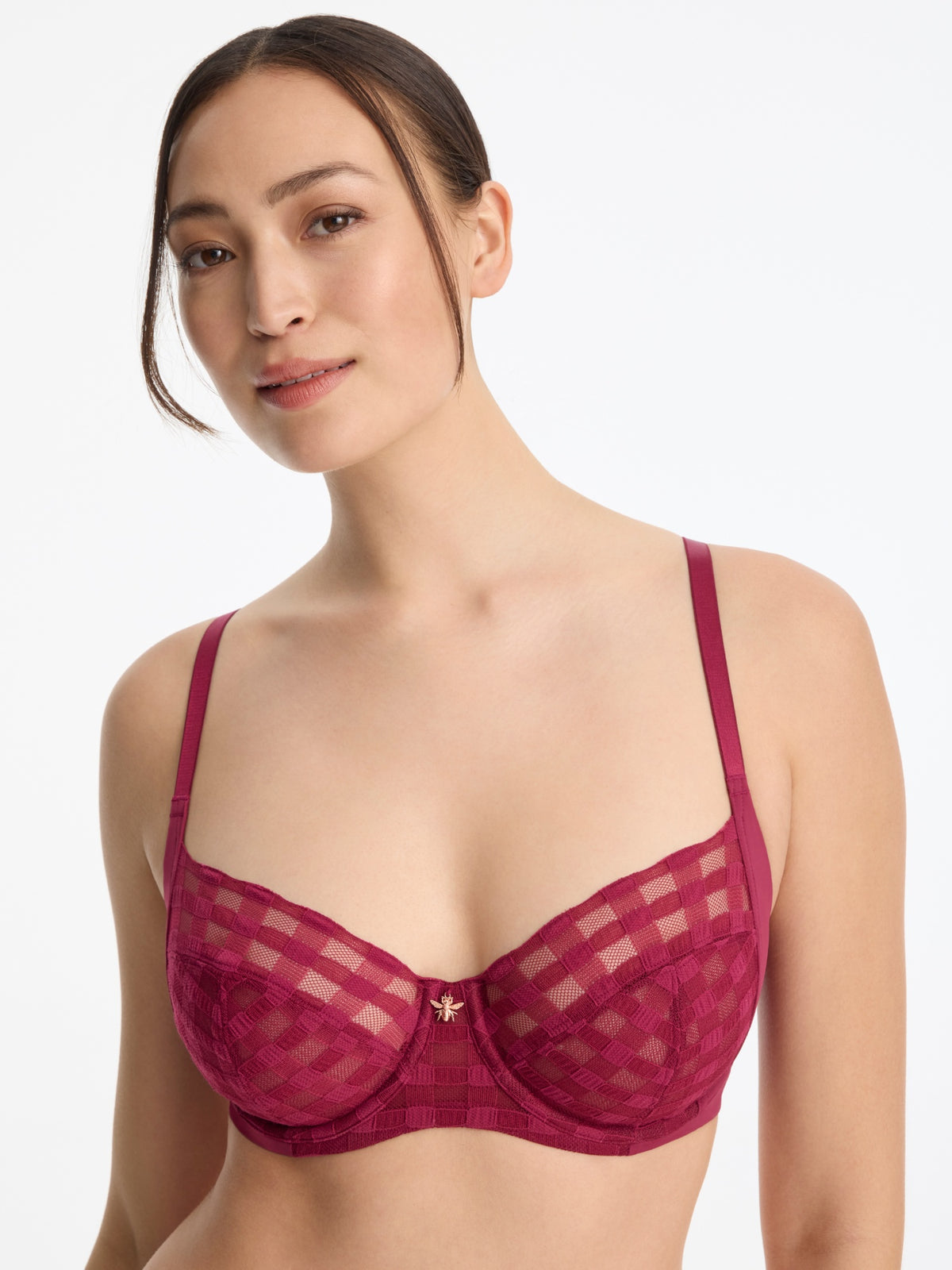 Skarlett Blue Bonbon Full Coverage Gingham Lace Bra in Maraschino - model close-up front view in full coverage underwire bra with sheer gingham lace