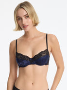 Skarlett Blue Captivate Satin & Lace Balconette Underwire Bra in Midnight/Black - front view of unlined underwire balconette bra