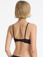 Skarlett Blue Captivate Satin & Lace Balconette Underwire Bra in Midnight/Black - model back view with lace back and adjustable straps