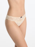 Skarlett Blue Captivate Satin & Lace Bikini in Candlelight - model close-up front view in satin bikini underwear with floral lace trim