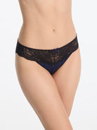 Skarlett Blue Captivate Satin & Lace Bikini in Midnight/Black - model close-up front view in lace bikini underwear with satin jacquard