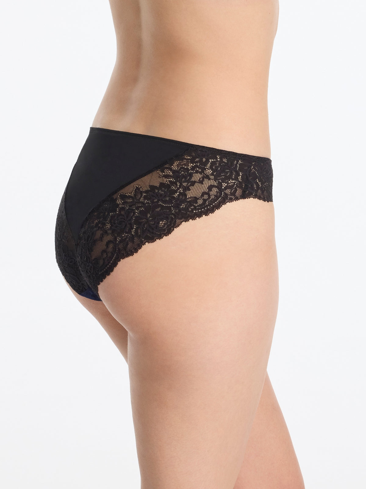 Skarlett Blue Captivate Satin & Lace Bikini in Midnight/Black - model back three-quarter view in bikini underwear with floral lace and satin