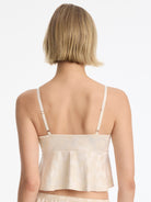 Skarlett Blue Captivate Satin & Lace Flutter Cami in Candlelight - model back view in satin jacquard cami with adjustable straps