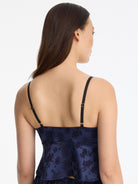 Skarlett Blue Captivate Satin & Lace Flutter Cami in Midnight/Black - model back view in satin jacquard cami with adjustable straps