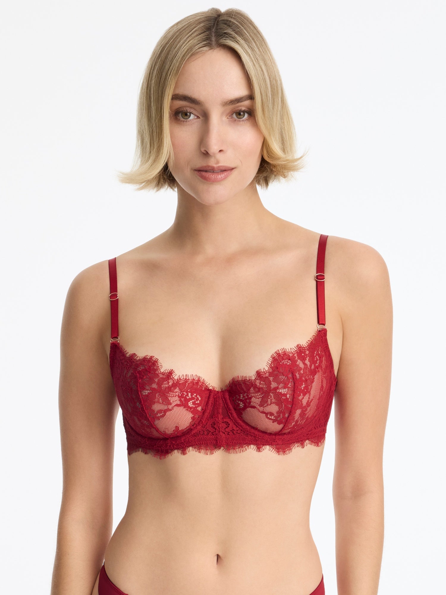 Skarlett Blue Entice Lace Balconette Bra - Model in a red lace balconette underwire bra