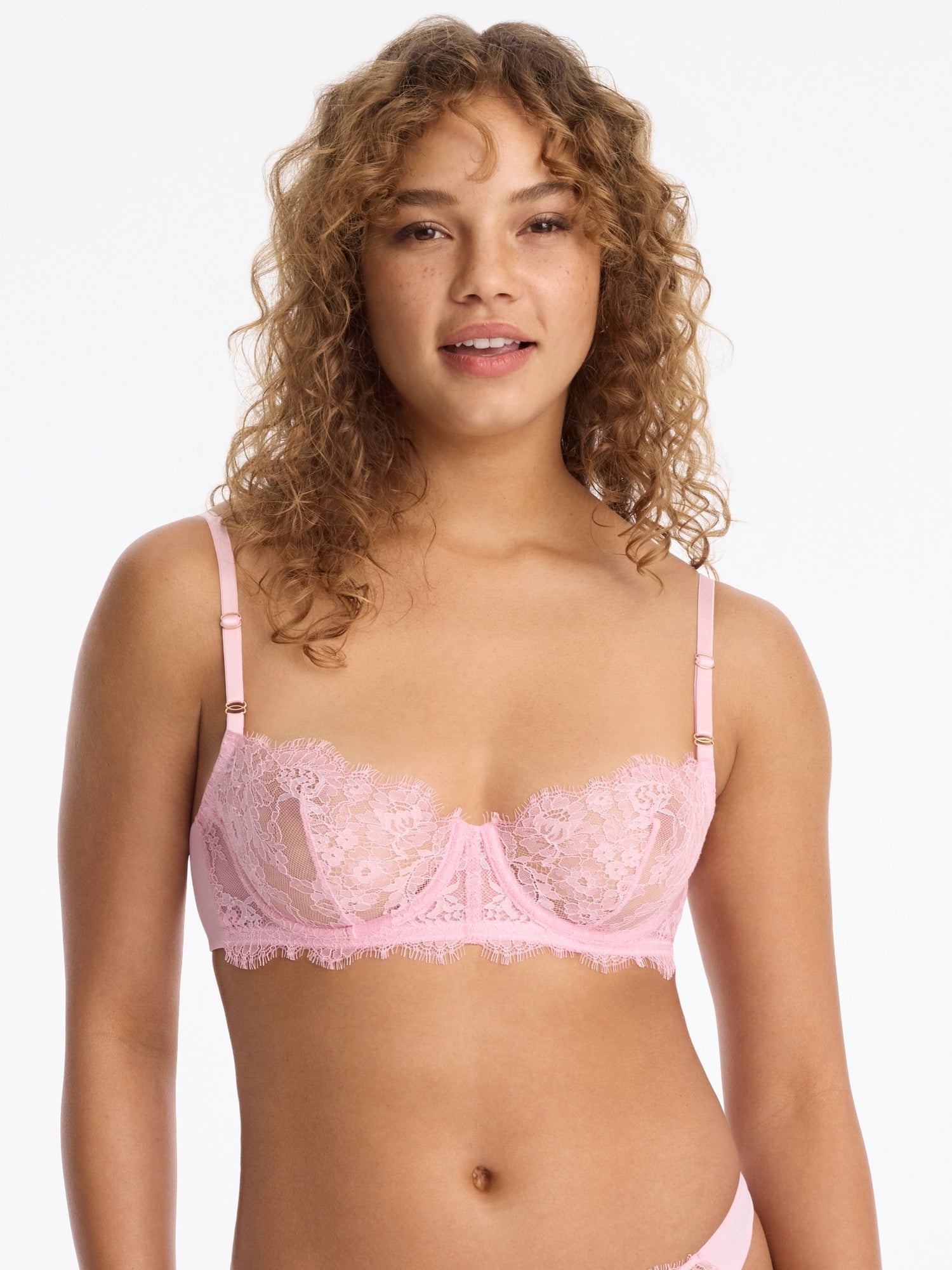 Skarlett Blue Entice Lace Balconette Bra in Strawberry Cream - model front view in sheer lace underwire balconette bra with eyelash trim
