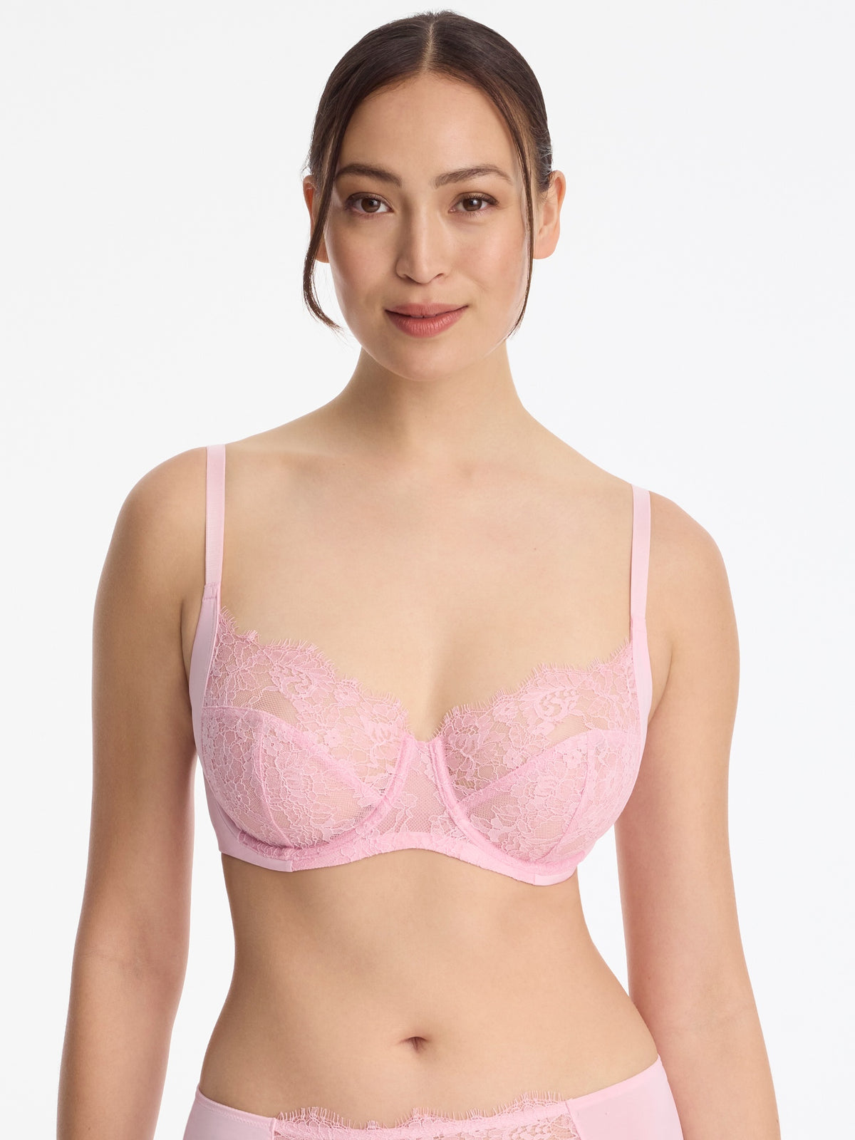 Skarlett Blue Entice Lace Full Coverage Side Support Balconette Bra in Strawberry Cream - front view, full coverage underwire balconette bra with scalloped lace cups