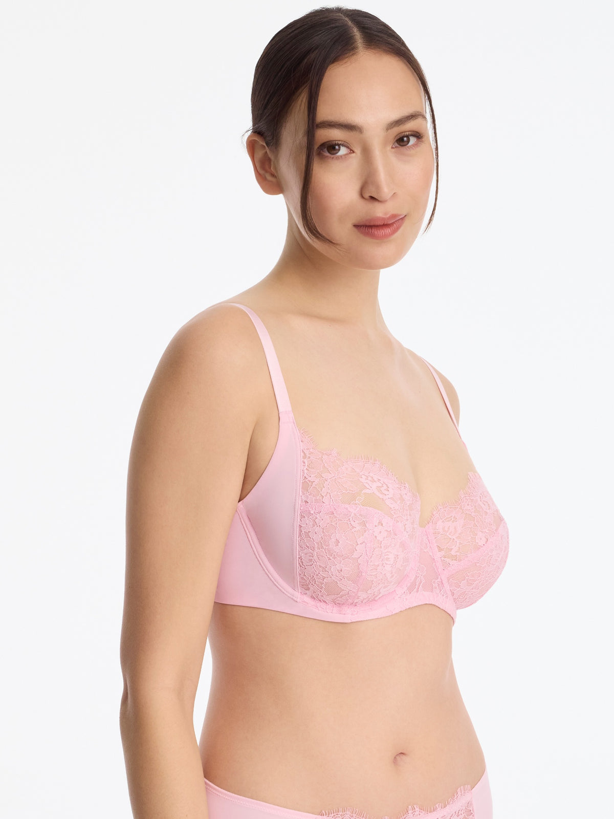 Skarlett Blue Entice Lace Full Coverage Side Support Balconette Bra in Strawberry Cream - model three-quarter view in full coverage balconette bra