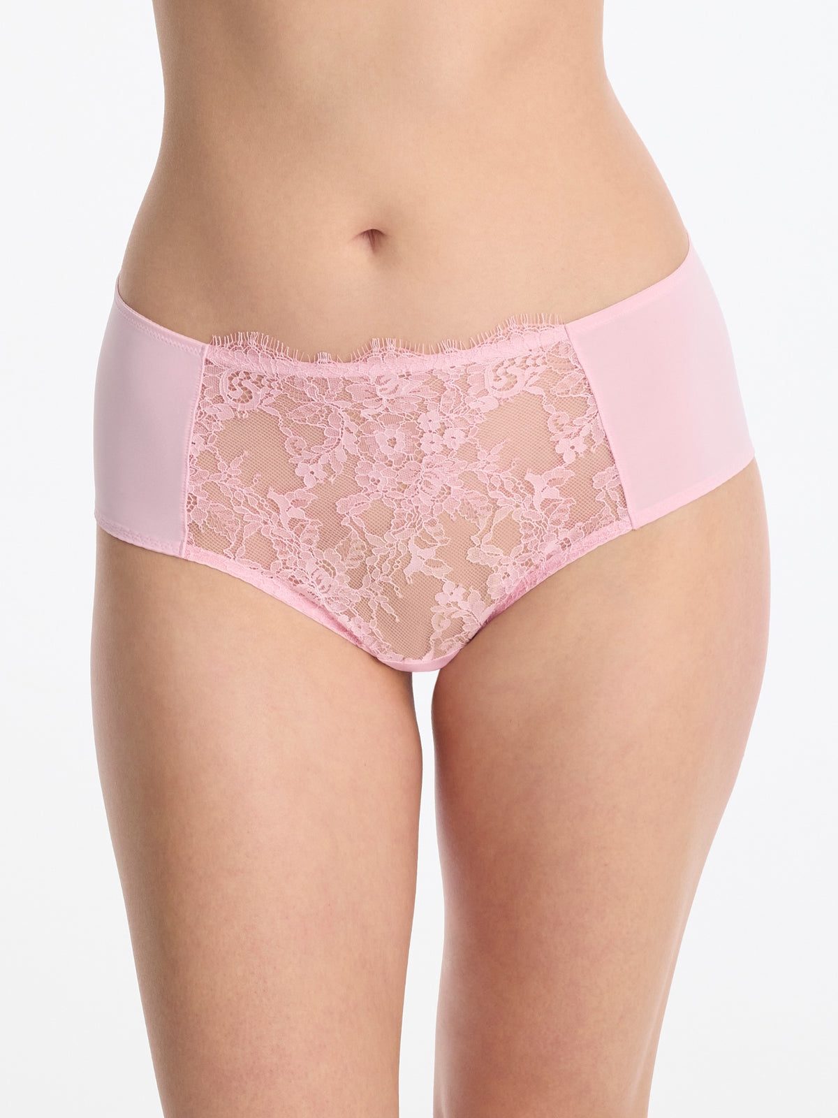 Skarlett Blue Entice Full Coverage Lace Brief in Strawberry Cream - close-up front view of full coverage brief with floral lace panel