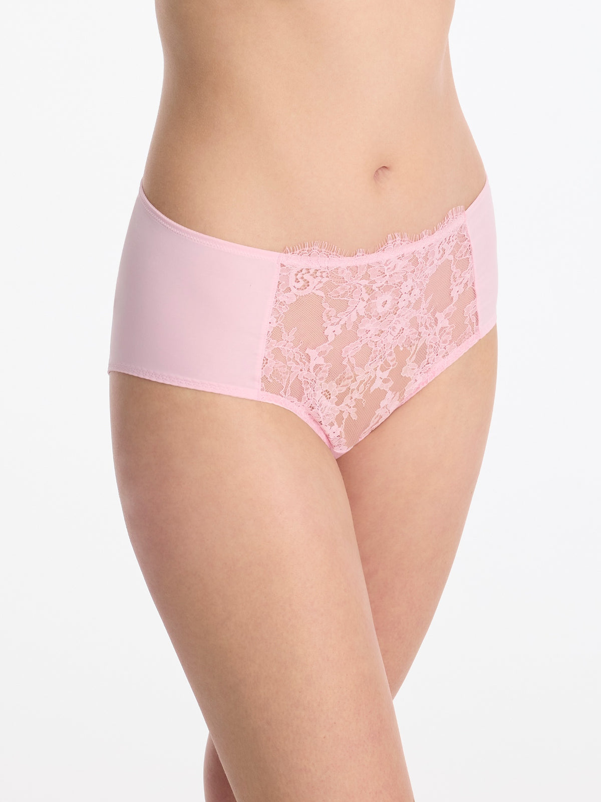 Skarlett Blue Entice Full Coverage Lace Brief in Strawberry Cream - model three-quarter view in full coverage brief with floral lace front panel