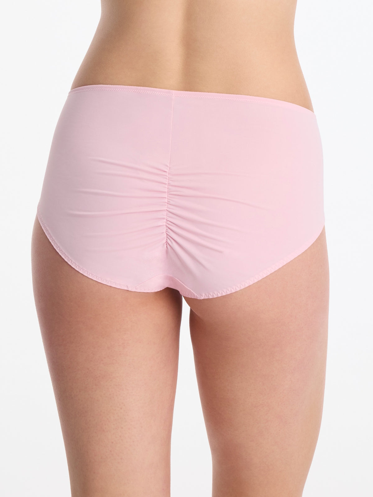 Skarlett Blue Entice Full Coverage Lace Brief in Strawberry Cream - model back view in full coverage brief with smooth back and ruched center seam