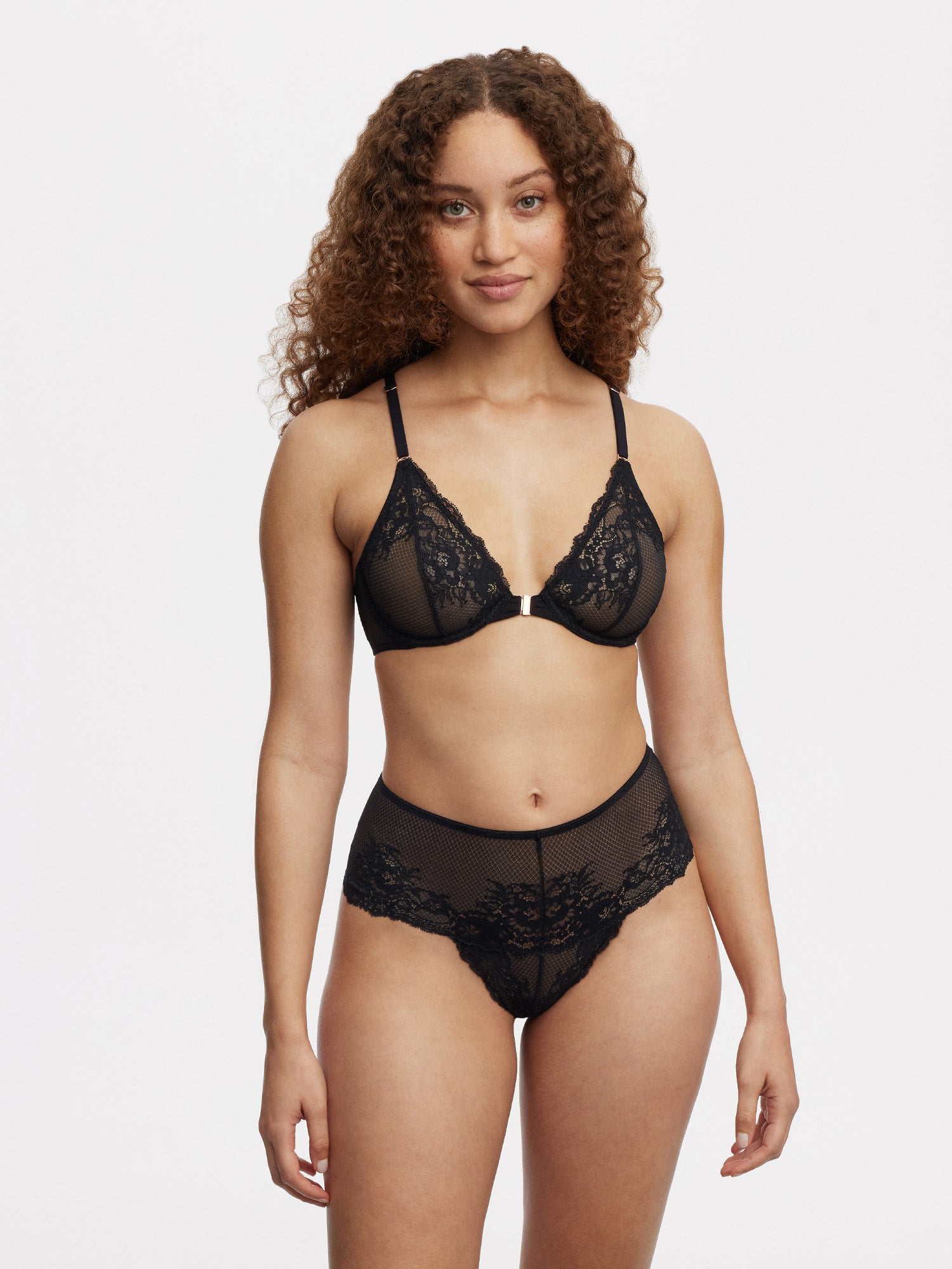 Flaunt Lace High Waist Thong and Bra- Black