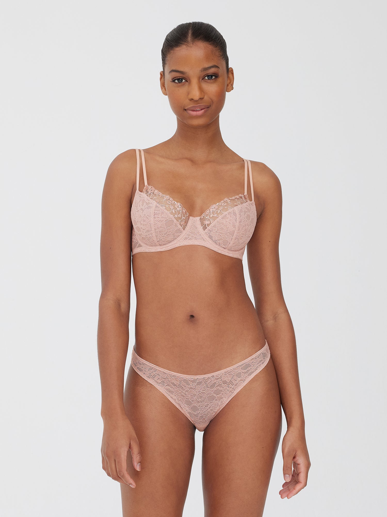 Soft Pink Lace and Tulle Detailed Unpadded Bra